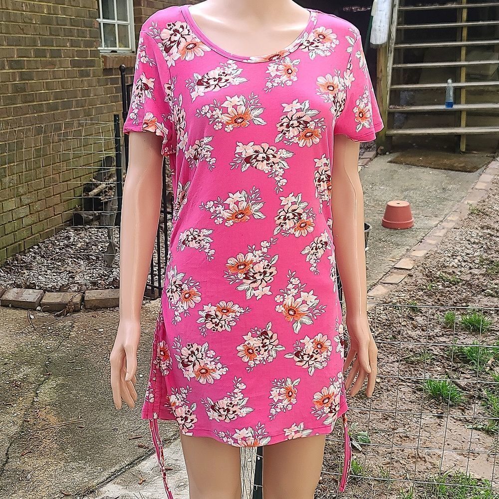 Pink Pull Tie Runched Sided Short Sleeves Floral Dress